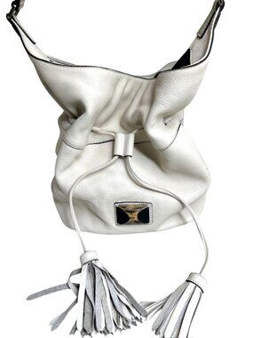 DKNY White Leather Drawstring Shoulder Bag With Tassels